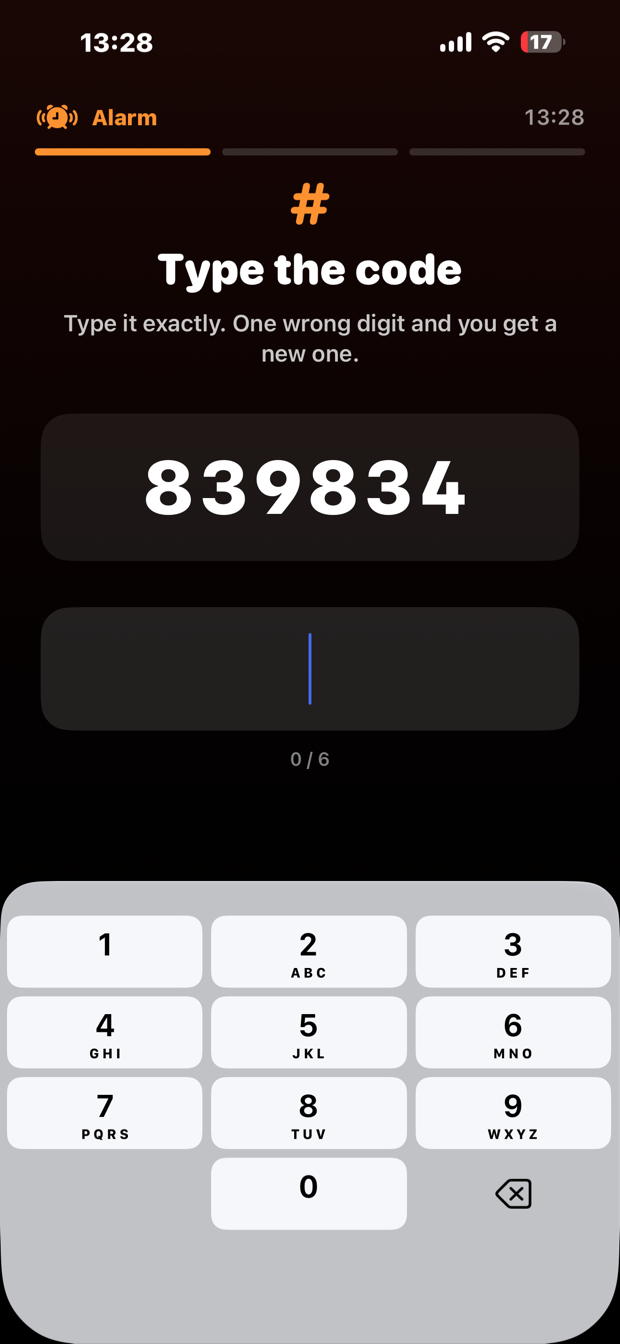 The code challenge showing the six digits 839834 above an empty entry field and a number pad.