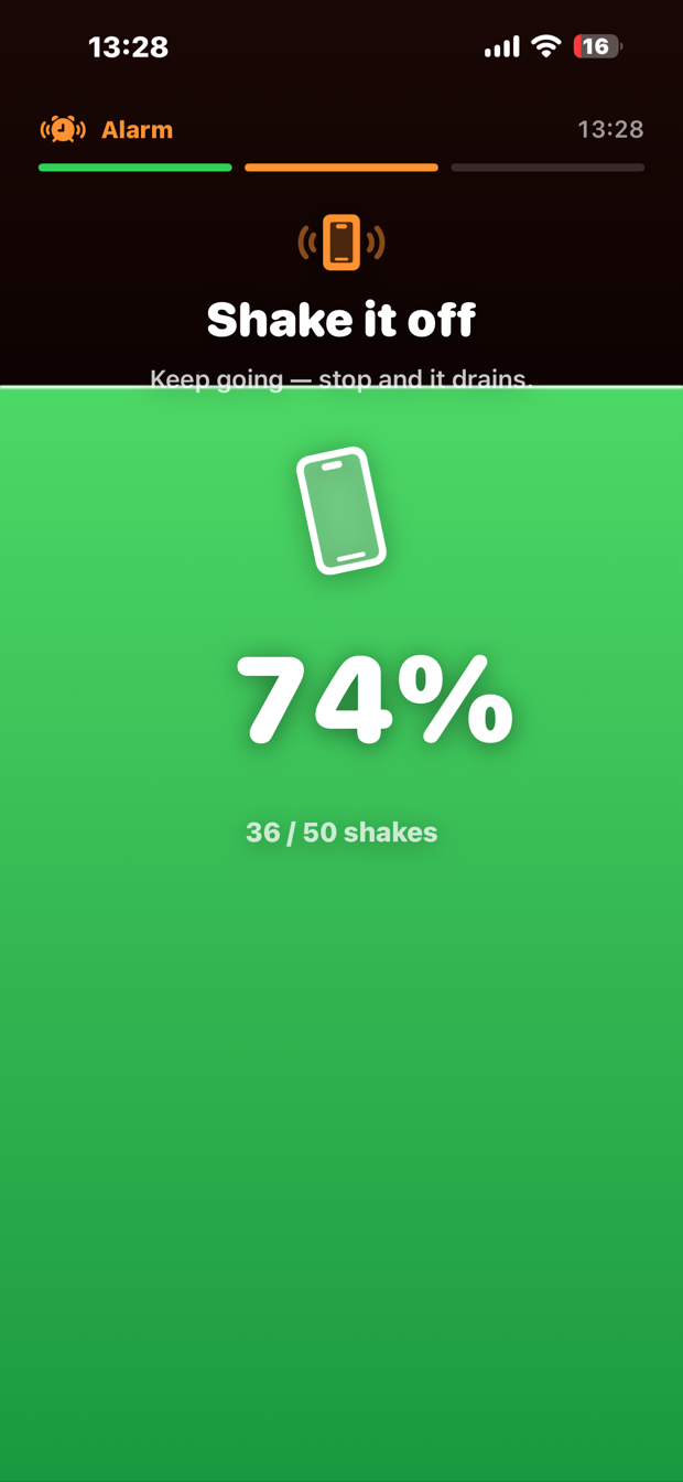 The shake challenge with the screen filled green to 74 percent and 36 of 50 shakes counted.